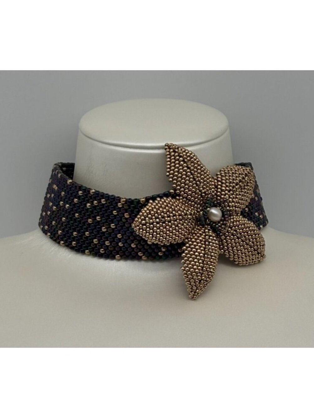 Artisan Made Seed Beaded Reversible Choker Detachable Flower Adjustable OOAK
